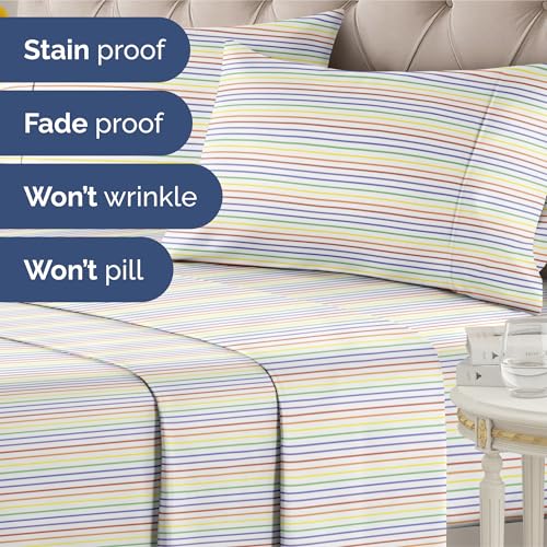 Image of Queen 4 Piece Striped Sheet Set - Breathable & Cooling - Rainbow Stripe
