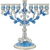 The Dreidel Company Hand-Painted Enamel Metal Menorah with Blue,White, and Silver Jeweled Accents, 6
