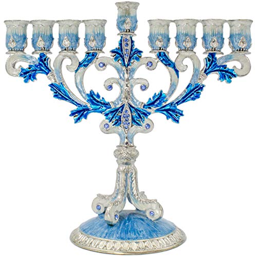 The Dreidel Company Hand-Painted Enamel Metal Menorah with Blue,White, and Silver Jeweled Accents, 6" Inches