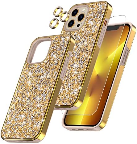 IGOLD Cute iPhone 13 Pro Max Case Gold Glitter for Women - Compatible with iPhone 13 Pro Max 6.7 Inch - Screen Protector + Camera Lens Protector - Case Girly Fashion for Her