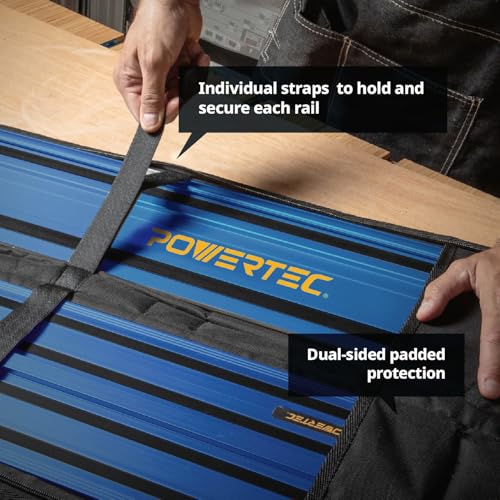 Image of POWERTEC 72152 110 inch Track Saw Guide Rail Joining Set with Protective Bag for DeWalt Track Saws | Includes 2x55 inch Guide Rails and (1) Guide Rail Connector for Woodworking Projects