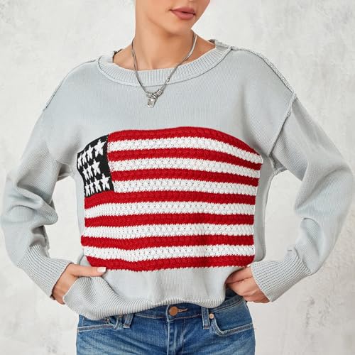 American Flag Sweater for Women Long Sleeve Hollow Out Knit Pullover Casual Loose 4th of July Jumper Tops2