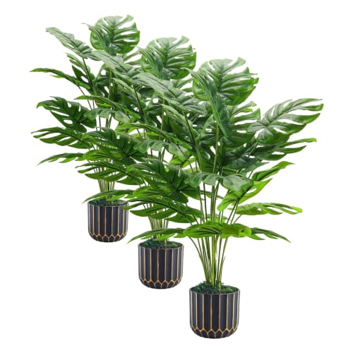Image of Der Rose 28'' Fake Plants Tall Artificial Monstera Faux Plants Indoor Outdoor Tree for Living Room Home House Decor (Pack of 3)