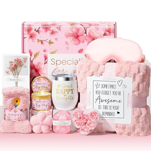 Birthday Gifts for Women Self Care Gift, Cherry Blossom Relaxing Spa Gift Baskets Bath Set Get Well Soon Care Package Valentines Day Gifts for Her Mom Women Sister Friend Wife Grandma w/ Blanket