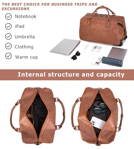 feilario Travel Duffel Bag with Wheels Leather Unisex Weekender Bags Waterproof Toiletry Bag Convenient Carry on Suitcase for Overnight Trip (Brown)4