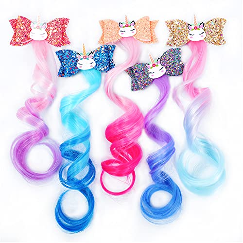 5-Colors Hair Clips for Girls Hair Bows for Girls Hair Accessories for Girls kids Hair Clips Girls Hair Bows Unicorn Hair Clips Girls Hair Accessories Glitter Braided Curly Gradient Kids Hair Extensions for Kids Princess Dress Upï¼ˆ5PCS )