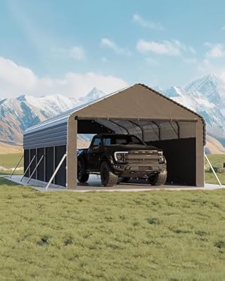 Garvee 12'X24'X9' Metal Carport, Enclosed Car Ports with Heavy Duty Steel Frame and 220 g Tarp, All-Weather Carport for Full-Size Pickup Trucks, Bass Boats, and Tractors