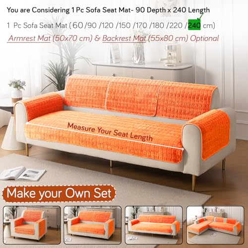 Image of HOKIPO 'Plush Haven' Premium Sofa Mat for 1 /2 /3 Seater & L Shape Sofa. Make Your Own Sofa Cover Set, Anti-Slip Mat Length 90(D) X 240(L) cm, Orange (AR-6288-OR)