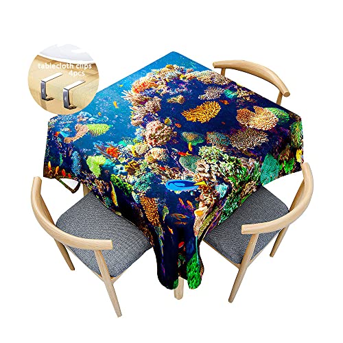 Odot Nappe Carrée Anti Tache, Poisson De l'Océan 3D Imperméable Anti Taches Lavable Rectangulaire Nappe avec Pince à Nappe pour Fête Decoration Ménage...