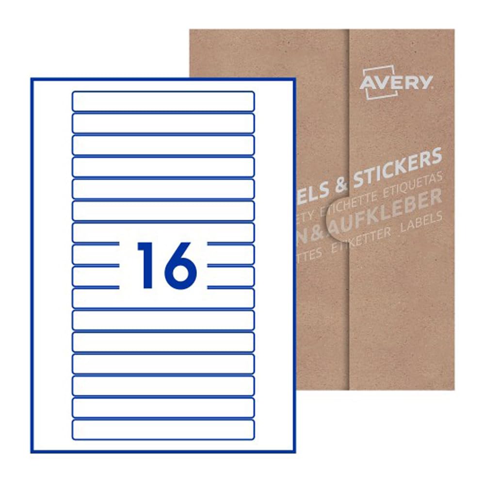 AVERY Etiquetas adhesivas de poliéster transparente, 50 hojas, rectangulares, formato 145 x 17 mm, 16 etiquetas para hoja, tamaño hoja A4, adhesivo permanente para impresoras láser (50, 145 x 17 mm)