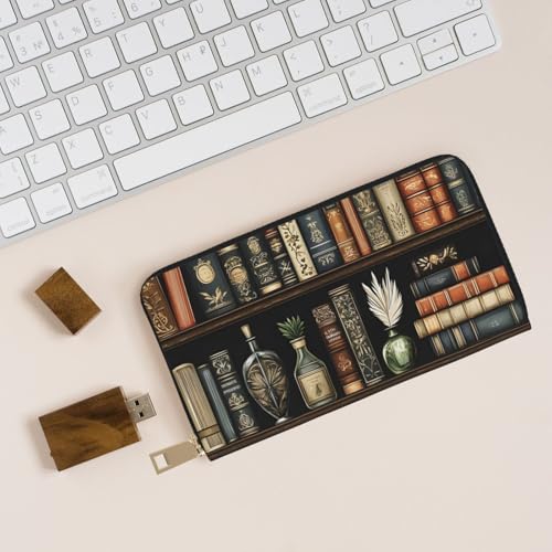 Wallet Women - Vintage Bookshelf 1 Print Leather Wallet Large Capacity Bifold Long Ladies Wallets With Zipper4