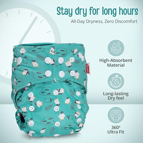 Image of LuvLap Reusable Baby Cloth Diaper, Double Leak Guard, High Absorption, Quick dry, Stain-Proof Comfort & Protection, 3m+, adjustable waist & height with snap buttons, Absorbent insert, Green Penguin