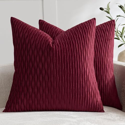 DEZENE Christmas Burgundy Red Throw Pillow Covers: 2 Pack 18x18 Inch Original Striped Velvet Square Decorative Pillow Cases for Farmhouse Couch