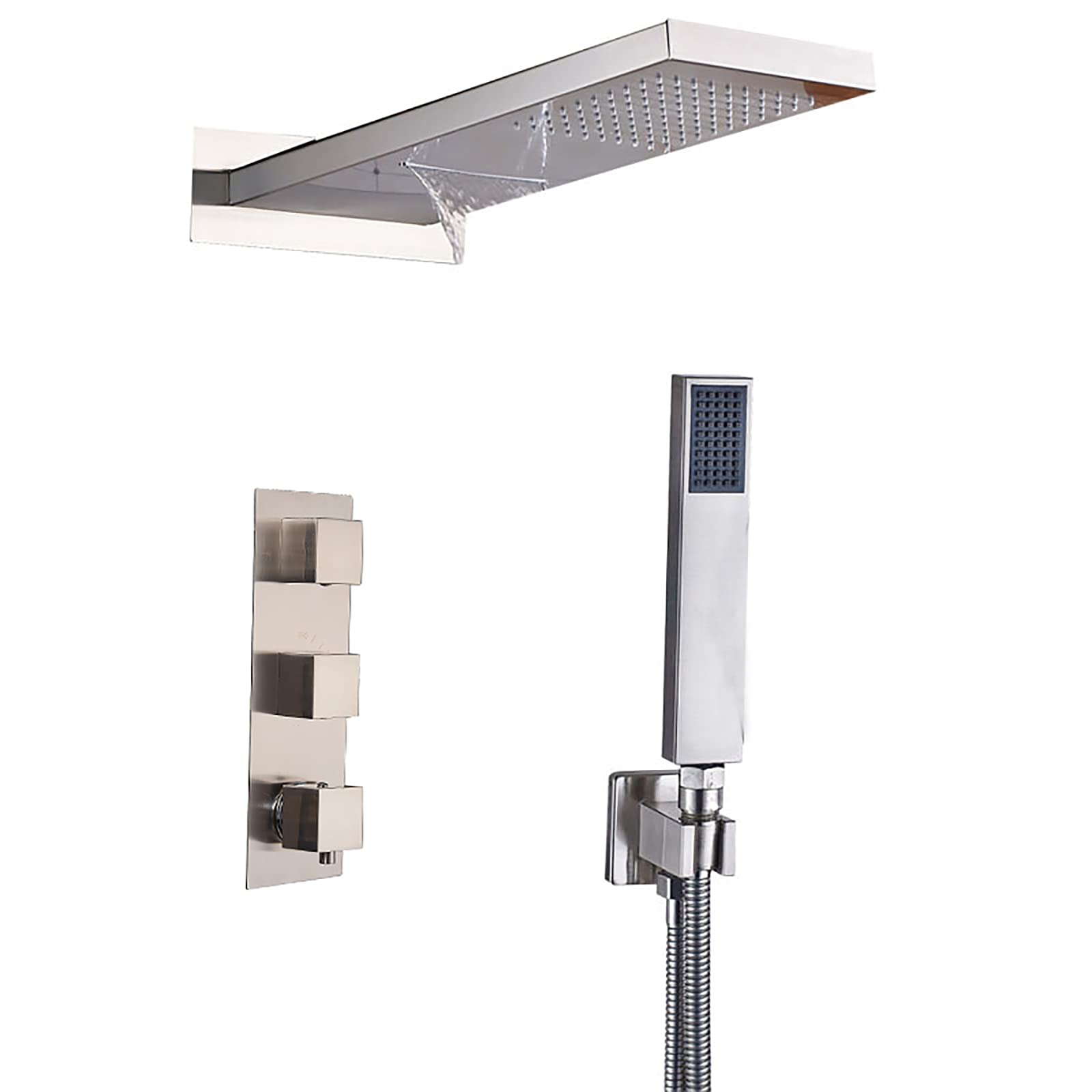 QUSYZD Rain Shower System Thermostatic Shower Faucet Set Wall Mounted Shower Combo Set Brass Rain Mixer Shower with Rainfall and Waterfall Shower Head, Handheld Shower,Chro,Brushed Nickel