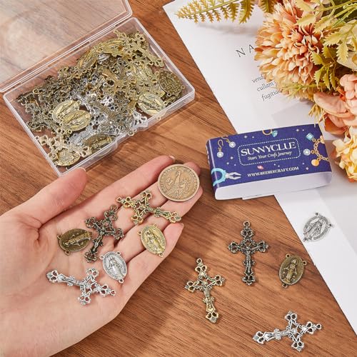 SUNNYCLUE 1 Box 60Pcs 6 Styles Rosary Cross Charms Crucifix Charm Easter Holiday Antique Silver Gold Bronze Oval Chandelier Links Rosary Bead Findings for jewellery Making Charms Supplies DIY Necklace - Image 3