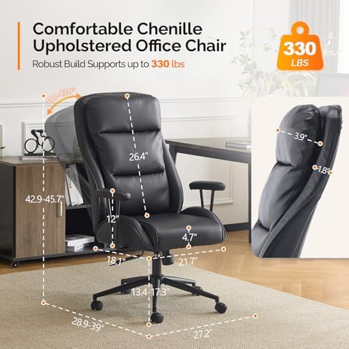 VINGLI Executive Ergonomic Office Chair with 100-130° Reclining, High-Back Desk Chair with Adjustable Base & Headrest Support & Wheels, Comfy Gaming Chair for Computer, Home Office, Pu-Leather, Black - Thumbnail 4