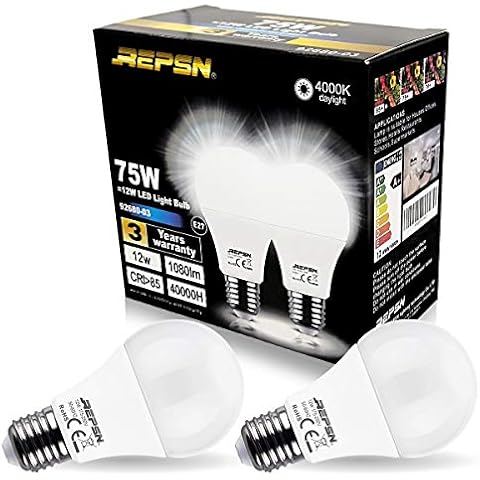 REPSN® LED A60 12W E27 Light Bulb,Frosted, 75W Incandescent Bulb Equivalent, Ultra Bright, Daylight Pure White 4000K,Non Dimmable,Last 40000 Hours,3 Years Warranty (75W Equivalent, Pack of 2) Cover