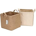 Sea Team Storage Baskets Organizer Box Bins in Jute and Cotton Linen Foldable with Handle Decorative for Home Toiletry Stationery Sundries Toys Jewerly Color Beige 26 * 26 * 26CM 2PCS