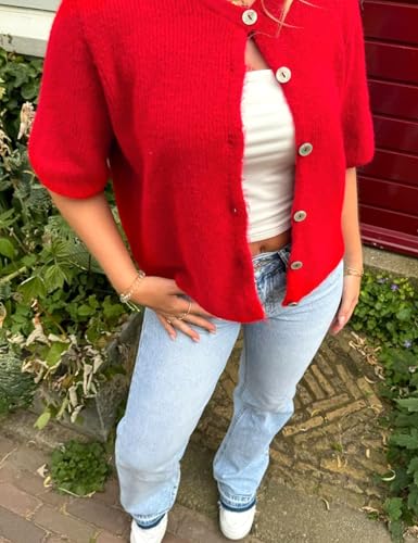 Image of Wyeysyt Womens Cropped Knitted Cardigan Y2K Short Sleeve Button Down Sweater Cardigan Shirt Casual Solid Color Ribbed Outwear