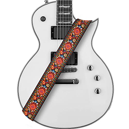 Amumu アコースティック エレクトリック ベースギター用の3つのピックホルダーを備えた赤い花刺繍ギターストラップ W/FREE 3ピック&ストラップブロック&ヘッドストックストラップタイ-2"ワイド