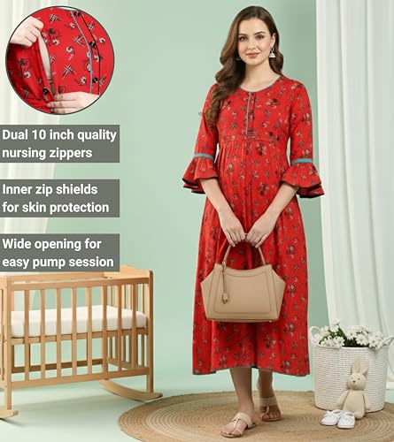 Image of DUMMY SHAPE Feeding Kurtis for Women Cotton Rayon | Floral Pregnancy Anarkali Kurta with Dual Nursing Zippers to Pre & Post Partum | Maternity Dresses | Gifts for Pregnant Woman