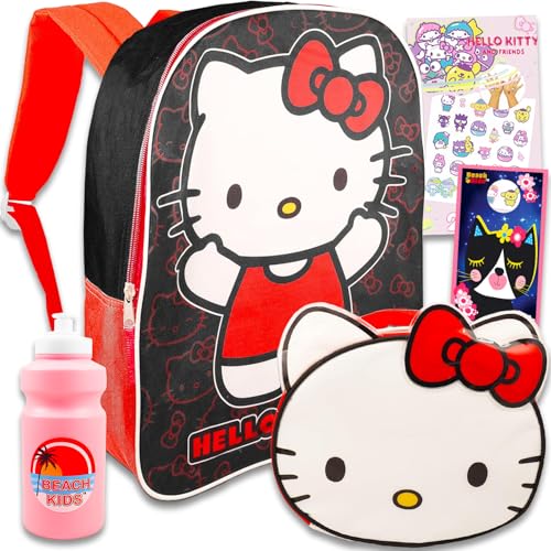 Hello Kitty Conjunto de mochila e lancheira – Pacote com mochila Hello Kitty , lancheira, garrafa de água, adesivos, mais | Mochila Hello Kitty para escola