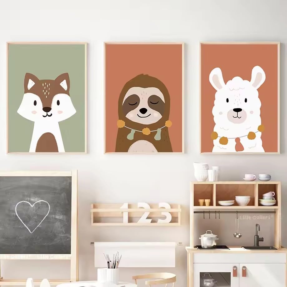Affiche nordique chambre enfant : lot de 3 peintures animaux dessin animé sans cadre 40x50cm