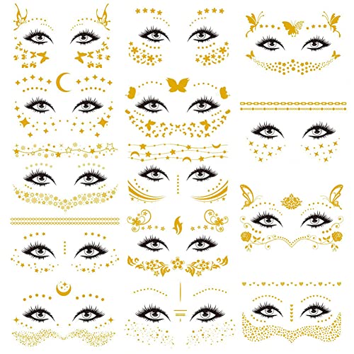 14 Feuilles Visage Tatouages Temporaires, Visage Autocollants Paillettes Métallique Doré Ephemere Tatouages, Taches Rousseur Faux Tatouage pour Femmes Filles Festival Halloween Costumes Fêtes Cover