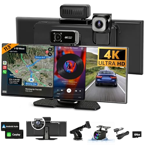 Image of 11.5 inch Largest Wireless CarPlay Screen for Car, Apple CarPlay & Android Auto IPS Touchscreen with 4K Front & 4K Interior Dash Cam, 1080P Backup Cam, Bluetooth, Navigation, Mirror Link, Voice Control,FM
