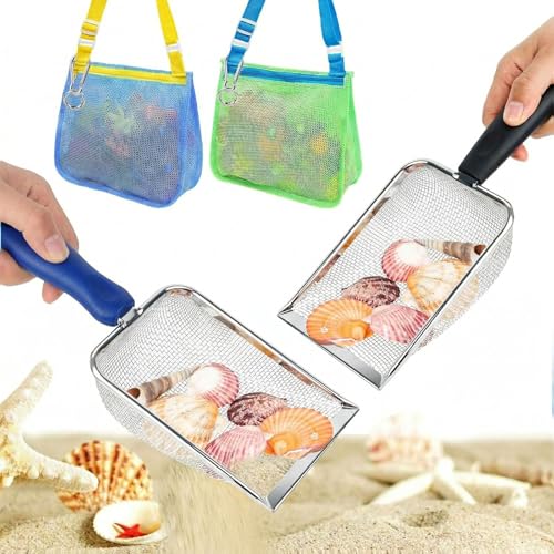 3 otters 2 Pack Beach Mesh Shovel with Mesh Beach Bag for Shell Collecting, Sand Sifters Shell...