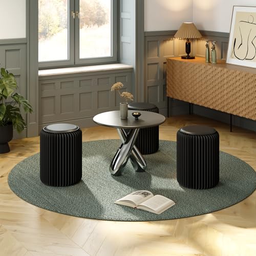 Image of 17 Inch Folding Stool 660lb Foldable Paper Stool, Eco-Friendly Kraft Paper Honeycomb Design Home Furniture Modern, Foldable to 1.2 Inch Round Foot Stool for Living Dining Room(Black)