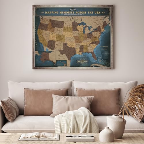 Image of DECORARTS - Deep Blue Vintage USA Travel Map Canvas with Pins, US Map for Travel, for Home Office, Bedroom or Study, Ready to Hang, 30x24''