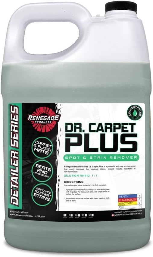 Renegade Products Dr. Carpet Plus - Professional Spot & Stain Remover for Carpets, Upholstery & Floor Mats | Powerful Interior Cleaner for Tough Stains, Grease & Odors (1 GALLON)