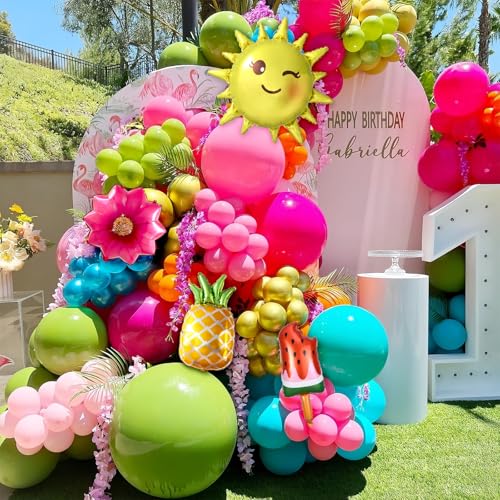Image of Summer Tropical Balloon Arch Kit,129Pcs Hot Pink Green Gold Balloon Garland with Watermelon Ice Pop,Sun,Pineapple,Flower Foil Balloons for Hawaiian Luau Baby Shower Birthday Pool Party Decoration