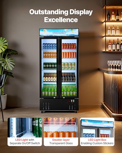 Image of VEVOR Commercial Merchandiser Refrigerator, 20.8 Cu.Ft / 590L Upright Beverage Cooler, 2 Glass Door Display Refrigerator with Customizable Lightbox, 8 Adjustable Shelves, Soft LED Lighting & Casters