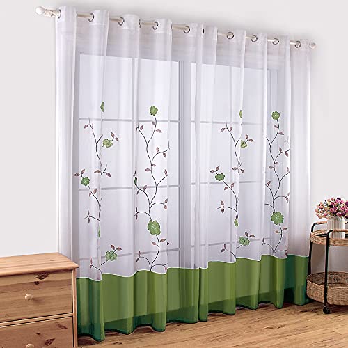 SIMPVALE 2 Piezas Cortinas Visillos Bordado Floral Translucida de Dormitorio Moderno Ventana Cortina Paneles con Ojales para Balcon, Salón, Habitación y Cámara, 140x145cm, Verde