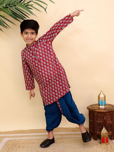 Image of The Mom Store Baby /Kids Boys Dhoti Kurta Set | Dhoti and Kurta | 100% Cotton | Comfortable | Ethnic | Festive Look | Block Prints | Colored Dhoti | Blue