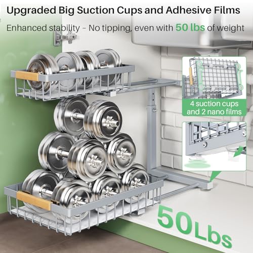 Image of Kitstorack Under Sink Organizer, 2 Tier Under the Sink Storage, Slide out Pull out Cabinet Organizer Shelf, Metal Sliding Drawer for Kitchen Bathroom Pantry Closet Organization Rack, Grey, 2 Pack