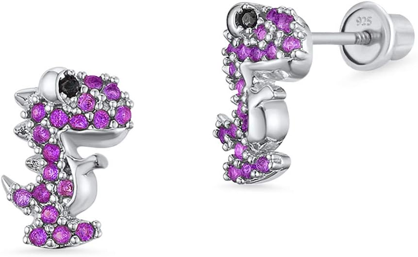 Lovearing925 Sterling Silver Rhodium Plated Dinosaur Cubic Zirconia Screwback Baby Girls Earrings