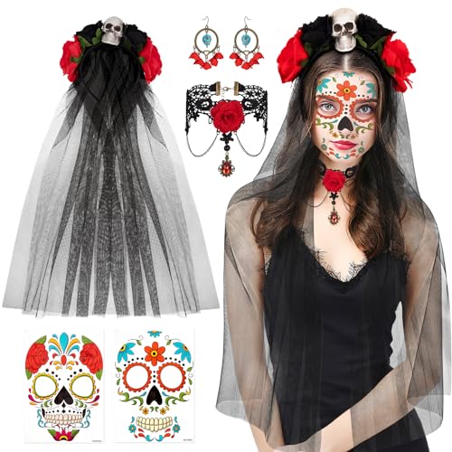Hifot Accesorios de Disfraz de Novia Cadáver, Flores Diadema Mexicana+ Collar de Rosa+Aretes de Esqueleto+Tatuajes Temporales para la Cara Disfraces Novias Demonio Mujeres