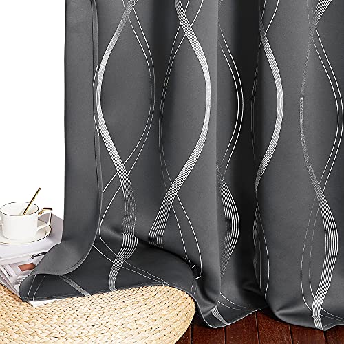 PONY DANCE Blackout Curtains for Living Room - 84 Inch Drop Curtain Eyelet Top Thermal Door Curtains Silver Wave Line Foil Printed Long Curtains, Grey, 52 Inches Wide, Sold as Pair - Image 4