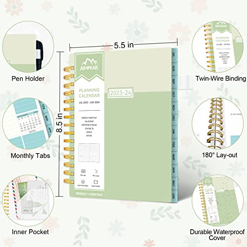 Planner 2023-2024, Academic Planner 2023-2024,Weekly & Monthly Planner, Jul. 2023 - Jun. 2024, Aimpeak Weekly Planner With Monthly Tabs, Inner Pocket, Pen Loop, Flexible Cover，Spiral Binding, Green, 5.5"X8.5" #TOP3