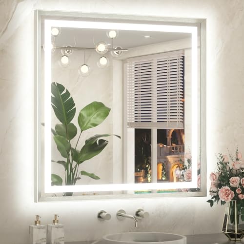 TETOTE Led Bathroom Mirror 36 x 36 with Brushed Nickel Frame Anti-Fog Frontlit & Backlit Vanity Mirror Stepless Dimmable Lighted Mirrors for Bathroom Wall 3 Colors White/Warm/Natural Wall-Mounted