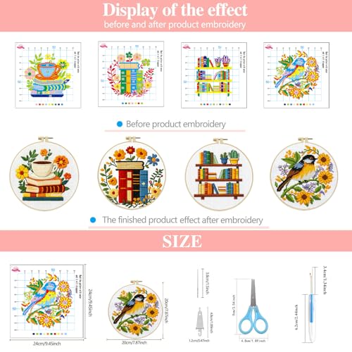 Image of Zhenqing Book Lover's Cross Stitch Kit - 4-Piece Set with Pre-Printed 11CT 24x24cm Fabric, Hoop & Tools, Reading & Flower Themes for Beginners(70411)