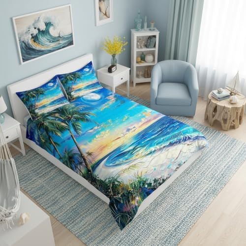Castle Fairy Seaside Hawaii Duvet Cover Queen Size,Tropical Coconut Tree