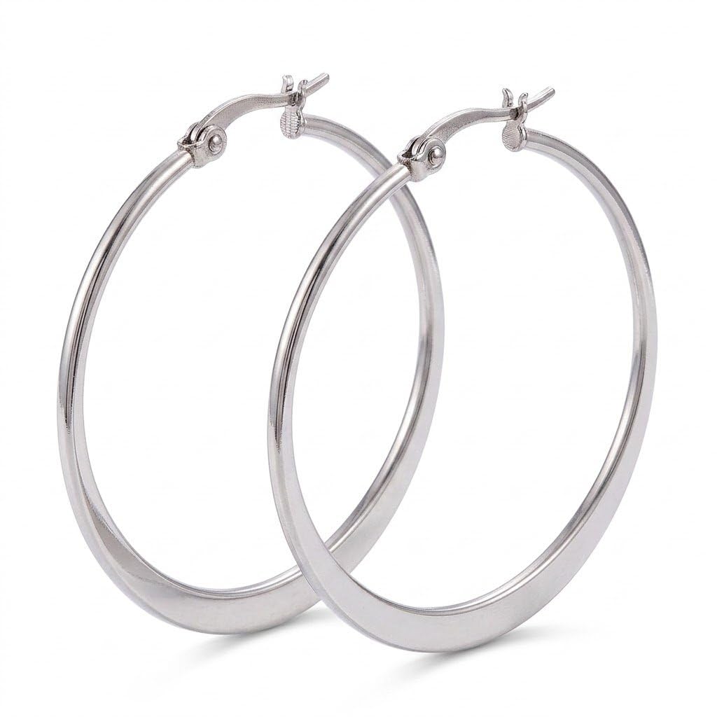 mazzini Surgical Steel No-Rusting No-Tarnish Silver Plated Everyday Wear 60mm Simple Round Flat Hoop Earrings For Women And Girls (ER3109) 1 Pair-picture-9