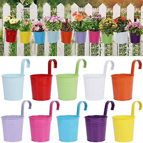 Glory Island 10 Pcs Hanging Flower Pot, Outdoor Small Hanging Planters Boxes, Railing Planter Metal Bucket with Detachable Hooks, Perfect for Balcony Fence Deck Garden Yard