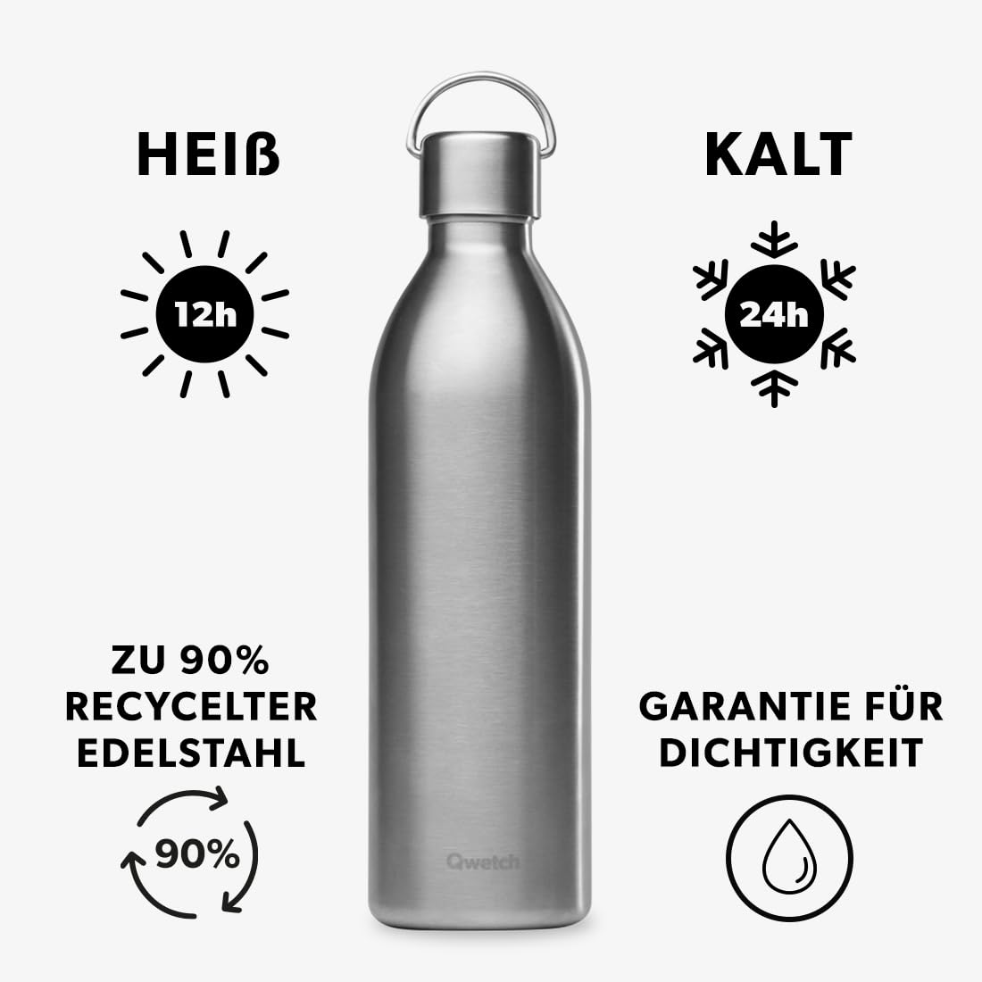 Qwetch - Trinkflasche 1L Edelstahl Active - Thermosflasche aus 90% recyceltem Inox - 24h Kalt & 12h Heiß - Isolierflasche, Auslaufsicher, BPA-frei & Kompakt