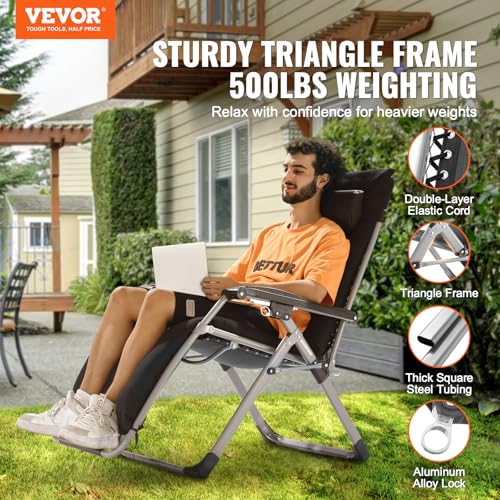 Image of VEVOR Zero Gravity Chair, 26 inch Zero Gravity Recliner Lounge Chair for Indoor and Outdoor, Adjustable Anti Gravity Chair with Cushion, Headrest, Footrest, and Cupholder, 500 lbs, Black