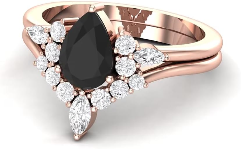 10K Pear shaped Black Onyx Engagement Ring Rose Gold Halo Unique Black Stone Engagement Ring Set For Women Wedding Bridal Promise Ring For Her
